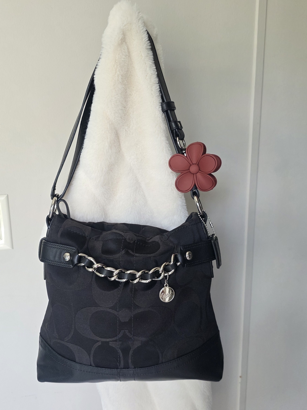 Coach Black Signature Canvas Shoulder Bag with Chain Accent